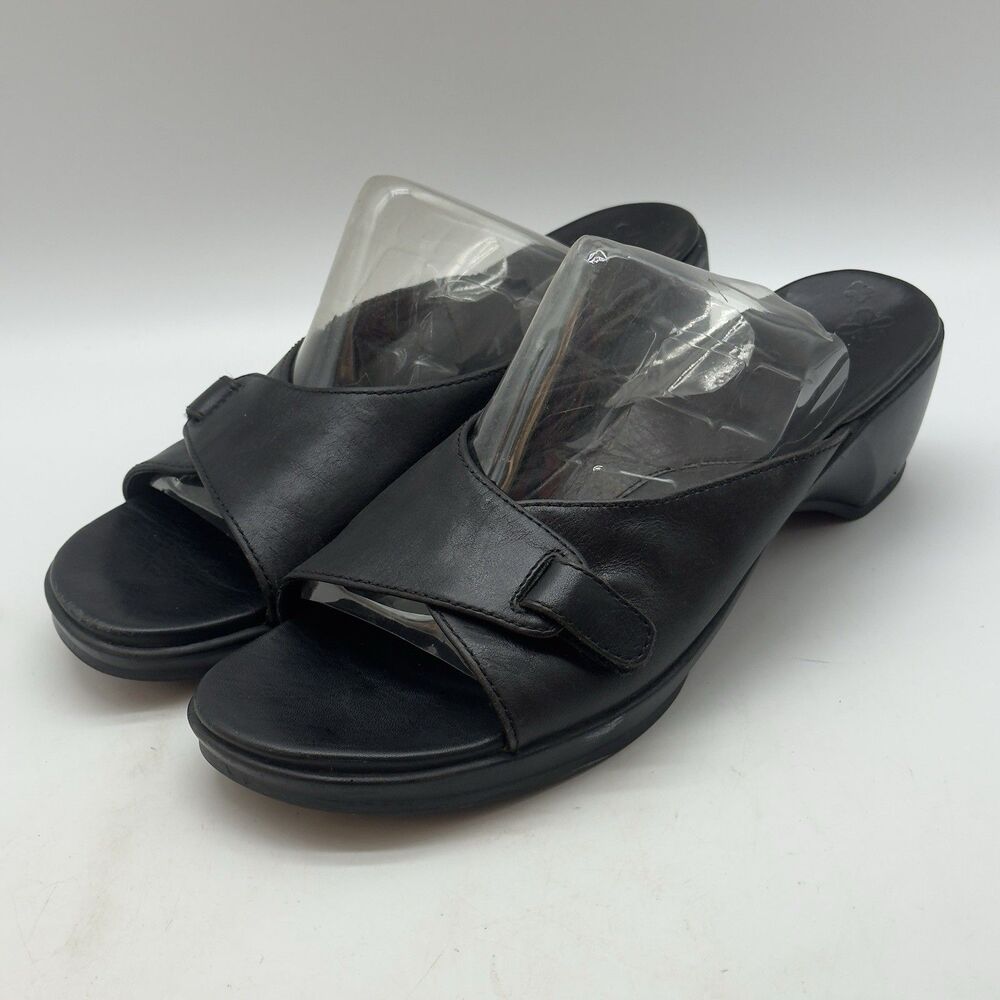 Clarks 33725 Slip On Sandal Womens 7.5M Black Leather Hook & Loop Mid Heel Slide